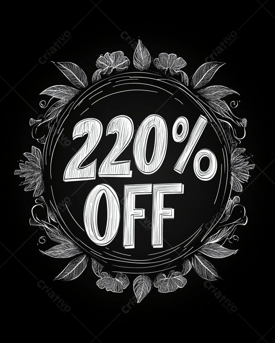 Desconto 220% OFF em quadro-negro com detalhes florais e folhas desenhadas