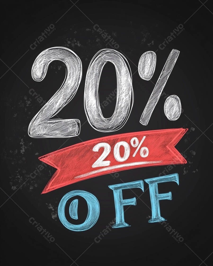 Desconto de 20% OFF em estilo lousa com giz branco vermelho e azul