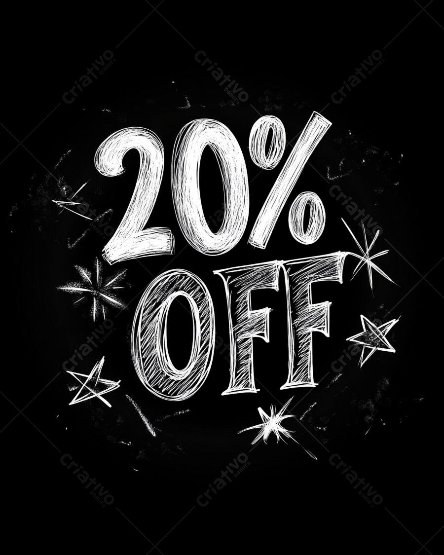 Promoção 20 por cento OFF em giz branco sobre fundo preto