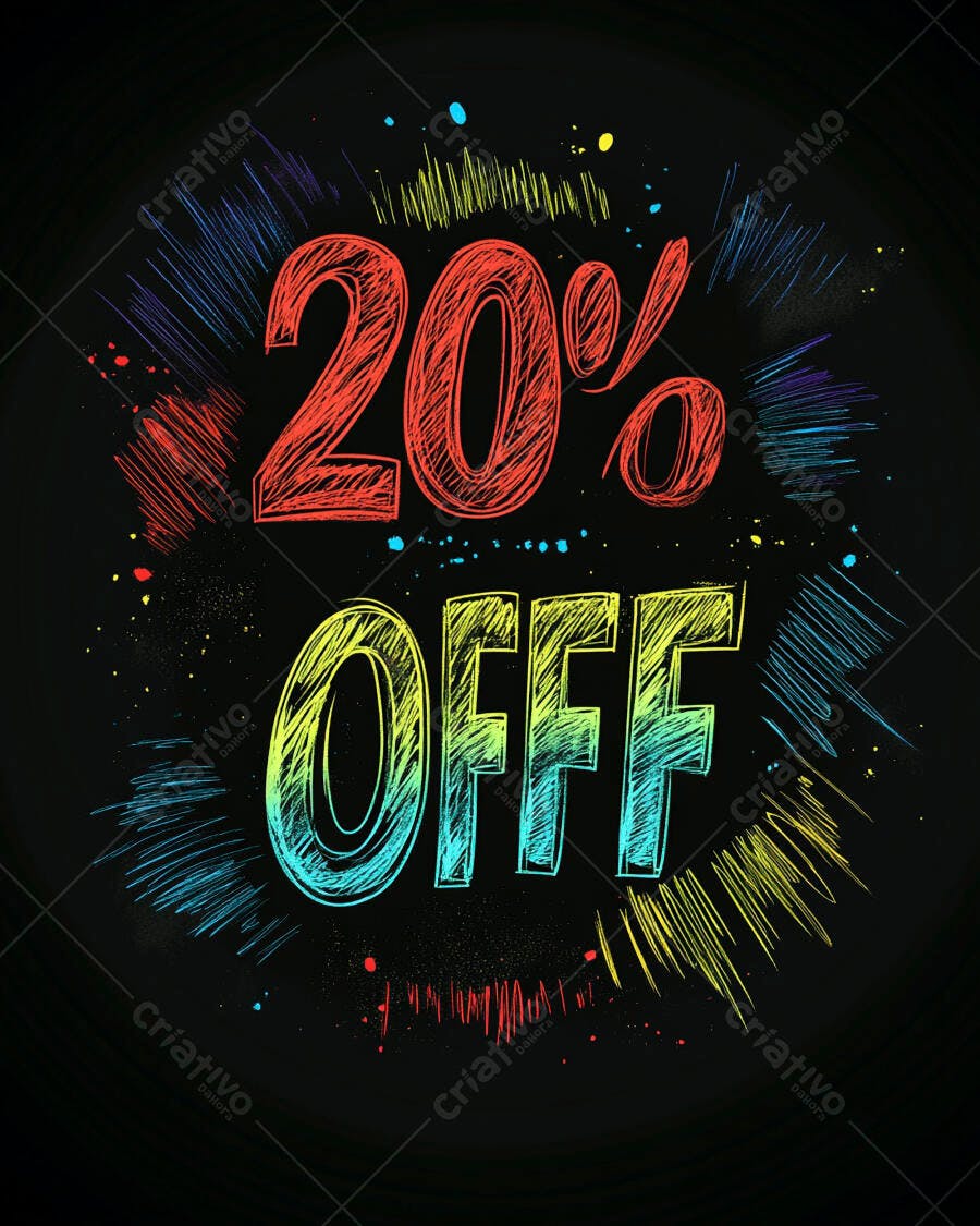 Desconto 20% OFF em estilo giz colorido e vibrante para promoção