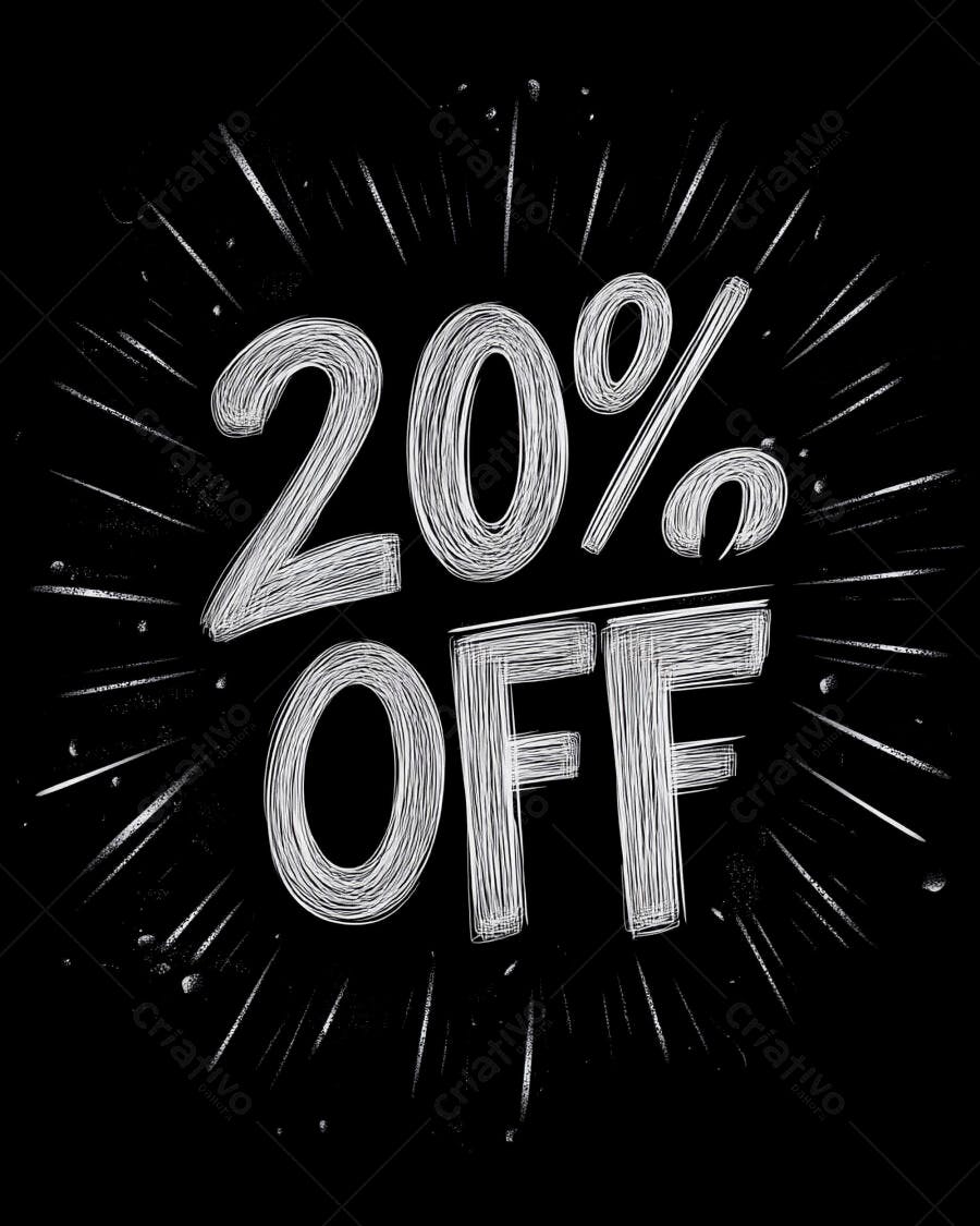 Oferta 20 por cento OFF branca estilo giz em fundo preto com explosão de linhas
