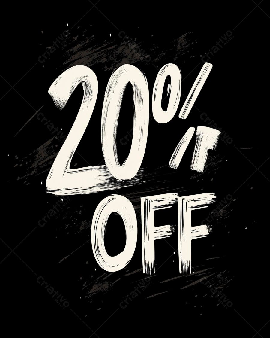 Desconto de 20% OFF com tipografia pincelada em fundo grunge preto