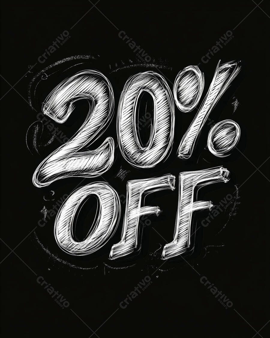 Desconto 20% OFF em giz branco sobre fundo preto
