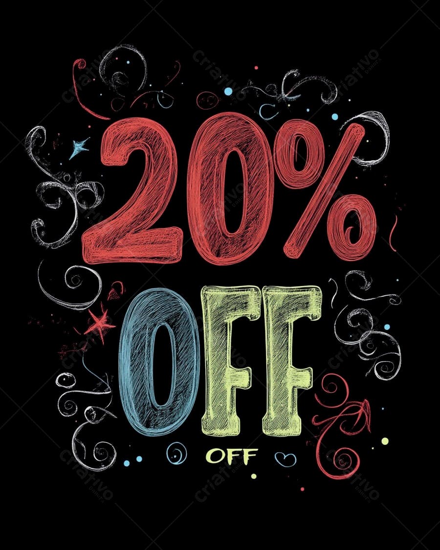 Anúncio de desconto 20 OFF em giz colorido com ornamentos estilo lousa
