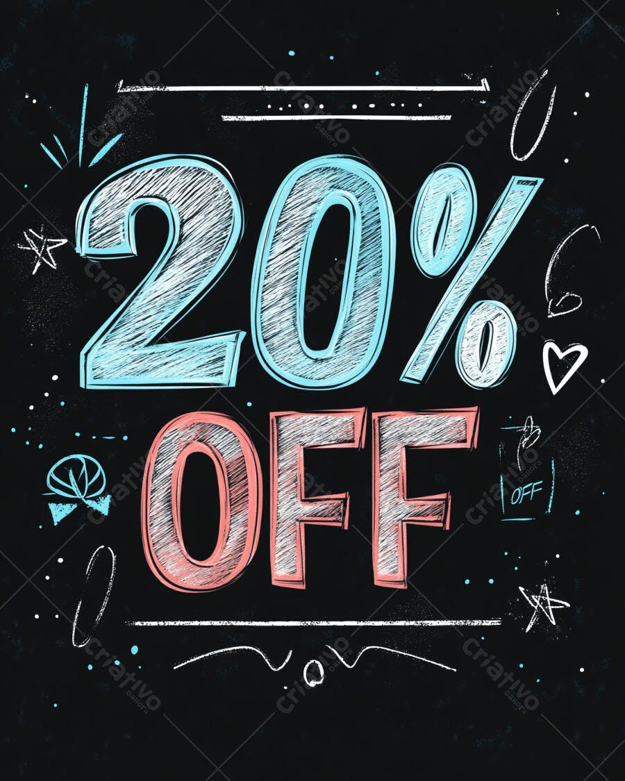 Desconto de 20% OFF em lousa com giz azul e rosa
