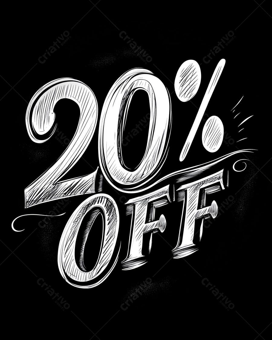 Texto 20 OFF estilo giz branco sobre fundo preto para promoção de vendas