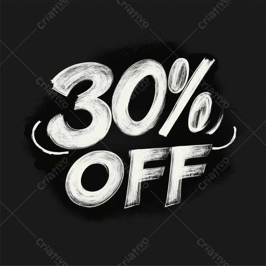 30 por cento OFF em branco pincelado fundo preto para promoção de vendas