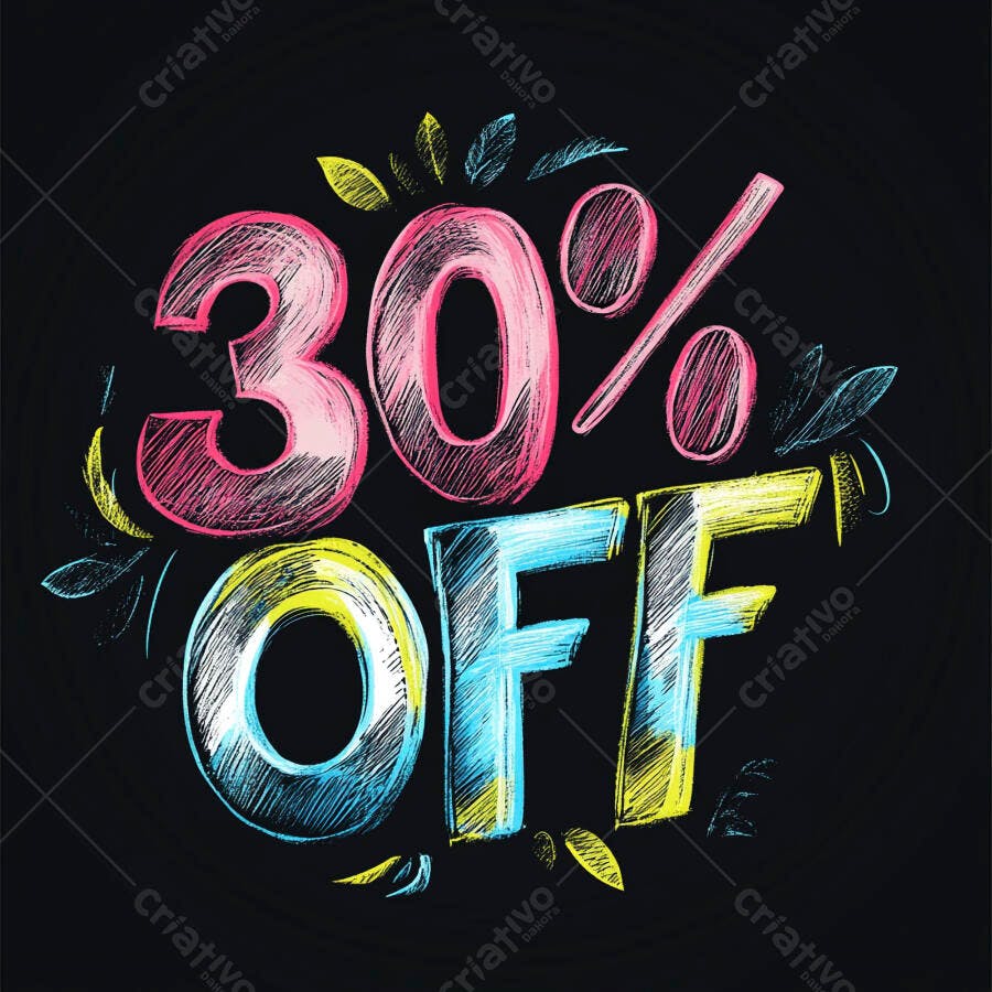 Desconto 30% OFF estilo giz neon colorido em quadro negro