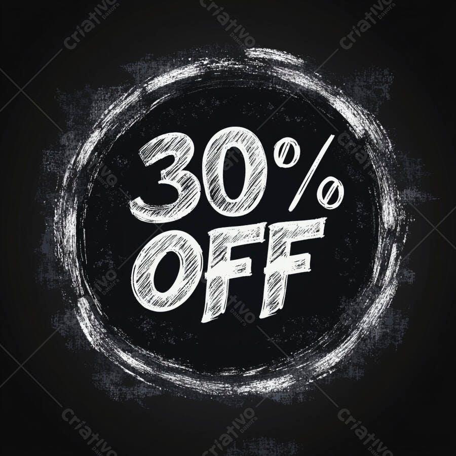 Desconto de 30% em círculo estilo lousa giz promocional