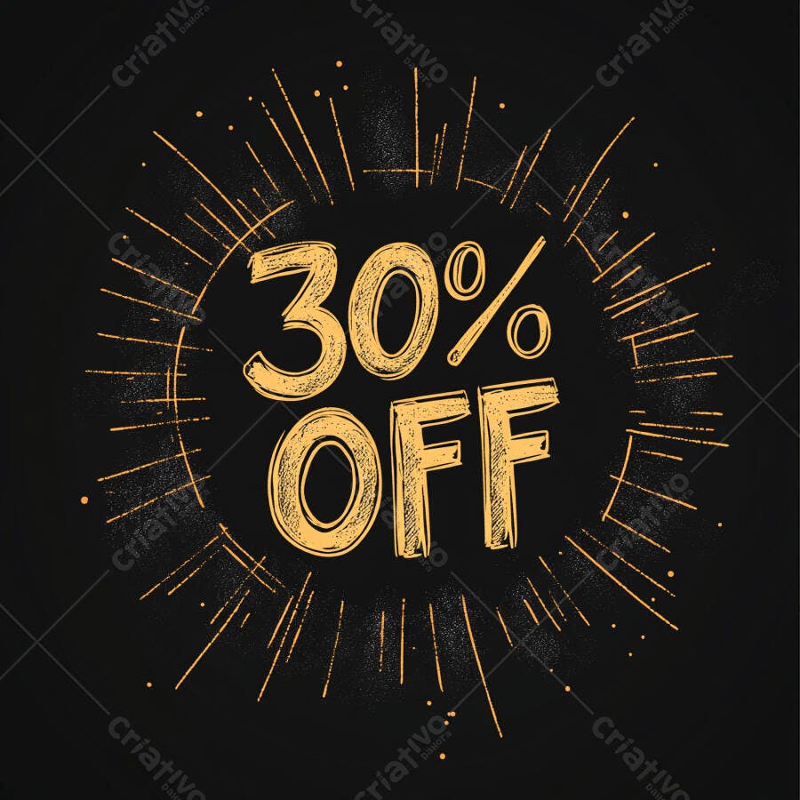 Desconto 30% OFF em tipografia amarela com efeito explosão em fundo preto