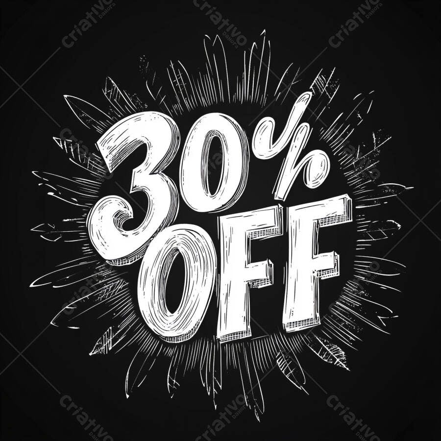 Desconto de 30% OFF em estilo giz no fundo preto com explosão