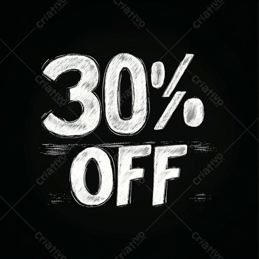 Texto branco 30% OFF com estilo giz em fundo preto para promoção