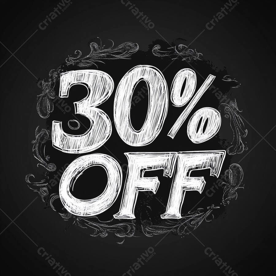 Desconto de 30% estilo giz em quadro negro para promoções e vendas
