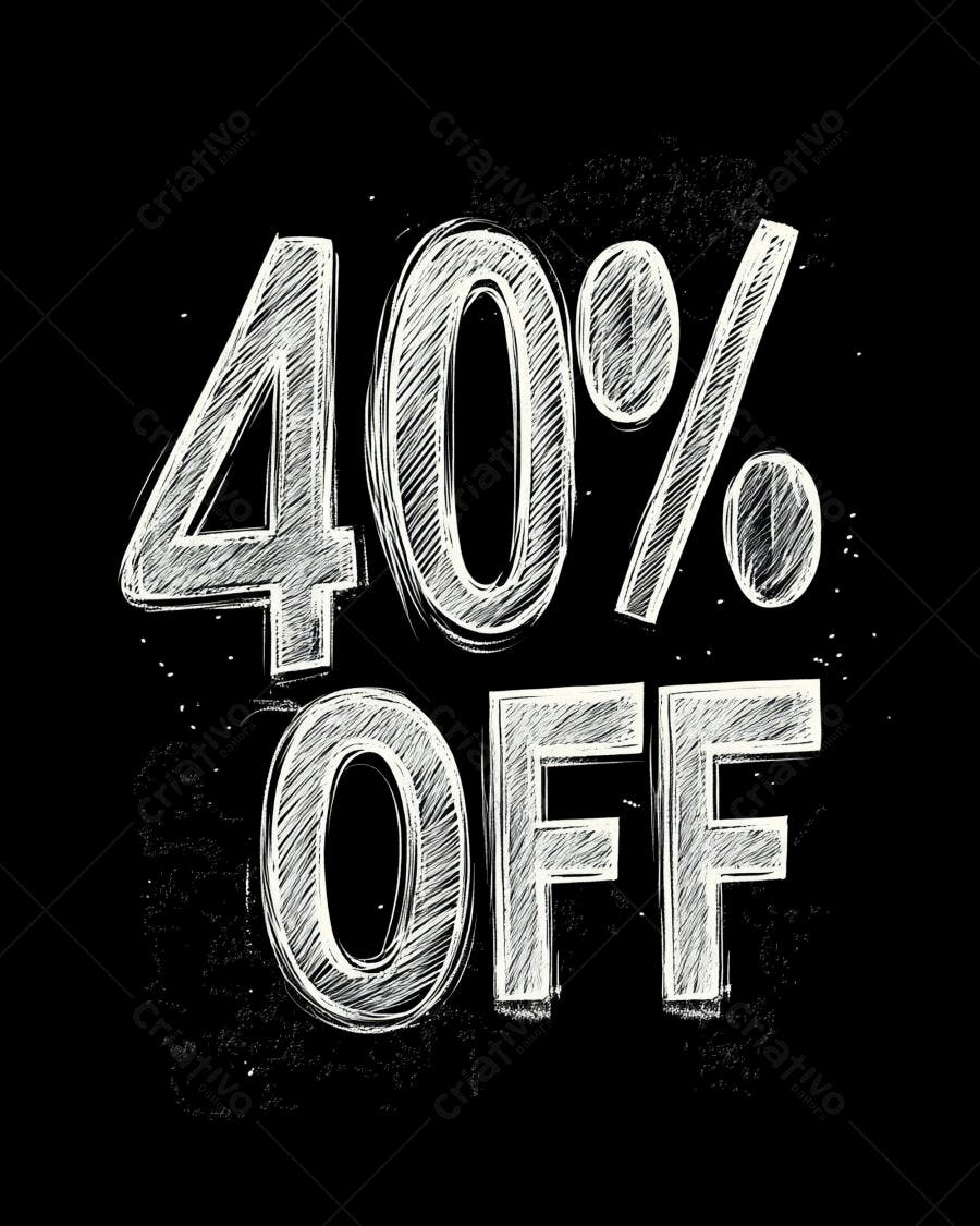 Desconto 40% OFF em giz branco sobre fundo preto para promoção de vendas