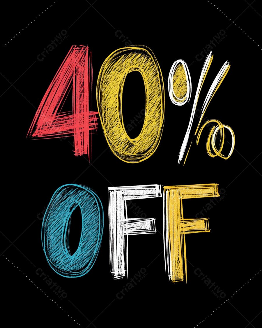 Promoção 40% OFF em lettering colorido estilo giz no fundo preto