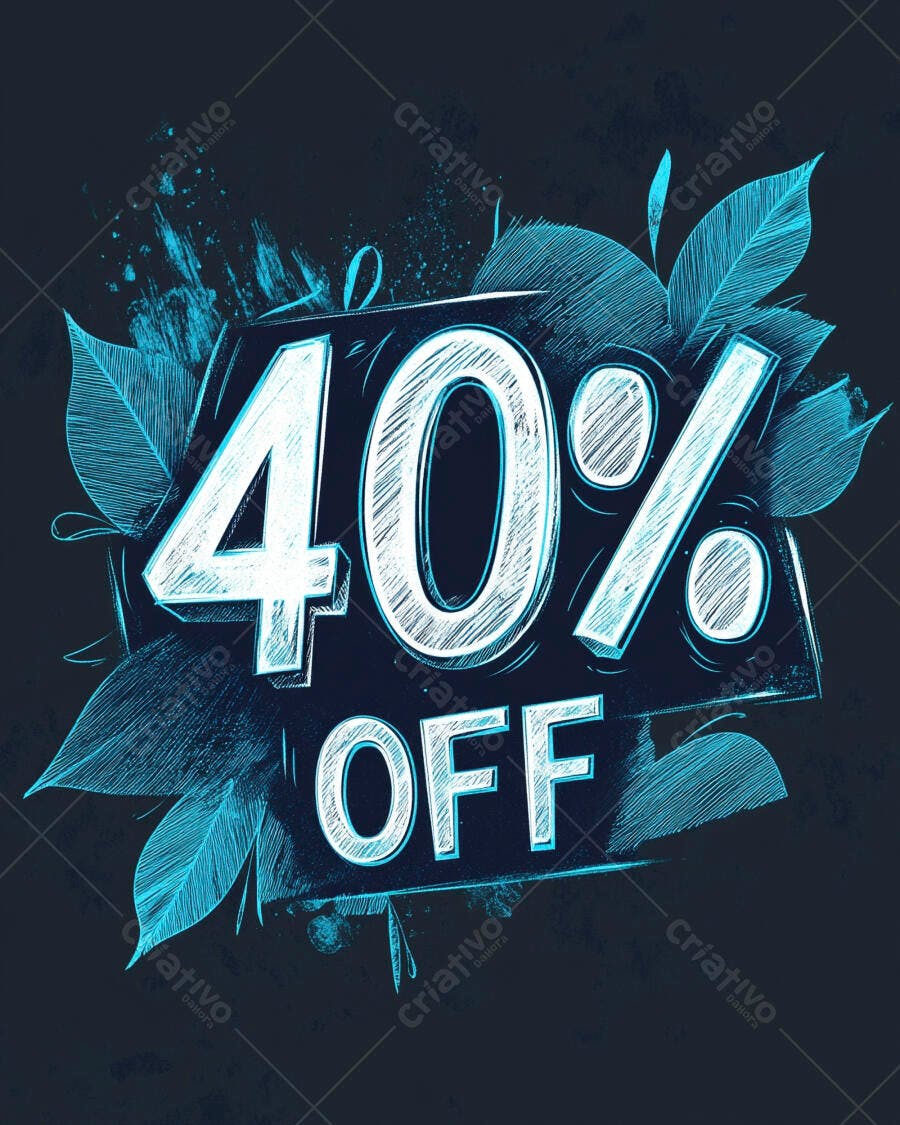 Promoção 40 OFF ilustração grunge com folhas azuis e fundo escuro