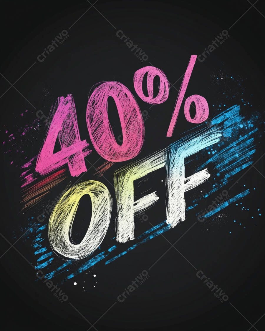 Desconto 40% OFF em giz colorido em fundo preto textura lousa