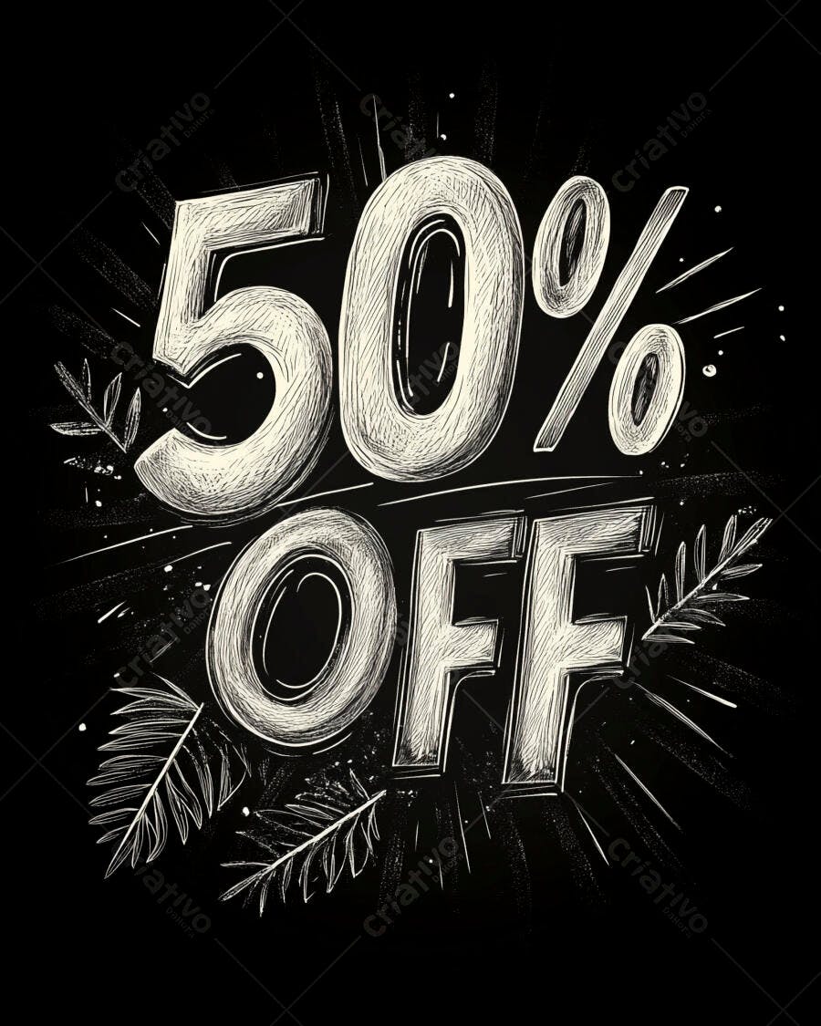 Desconto de 50% OFF em estilo giz textura branca sobre fundo preto promocional