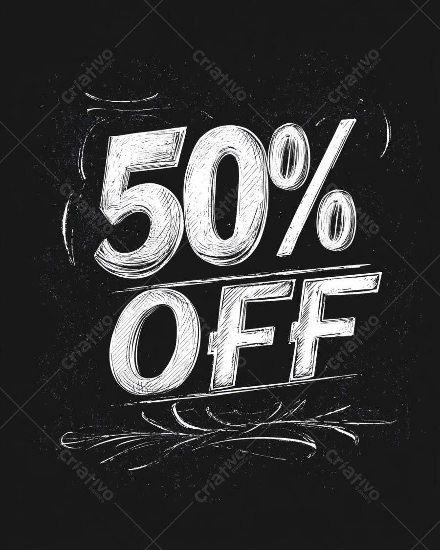 Desconto 50 OFF estilo giz ilustração promocional em fundo preto
