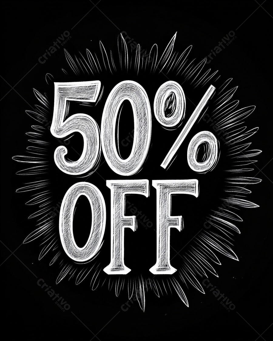 Desconto 50% OFF em estilo rascunho branco sobre fundo preto promocional