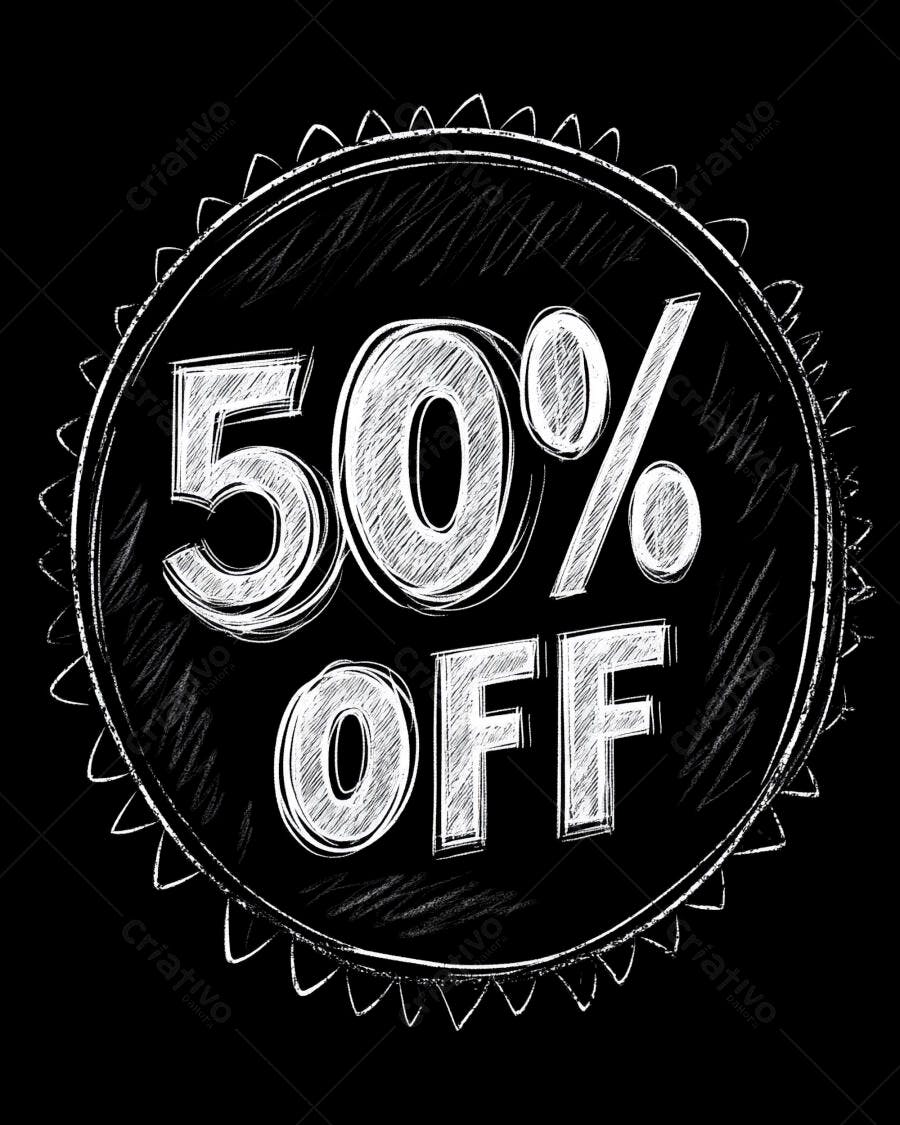 Selo promocional 50 OFF estilo lousa e giz preto e branco