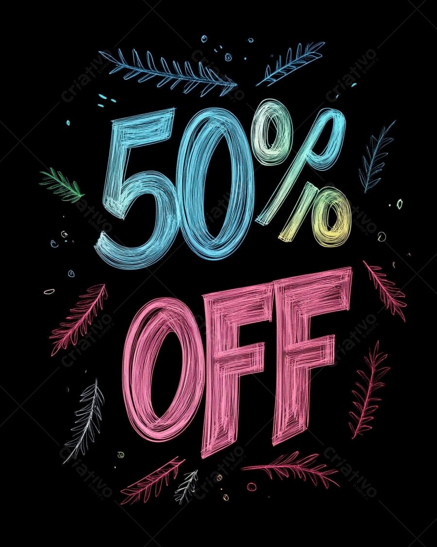 Letreiro 50 por cento OFF colorido estilo giz com folhas decorativas