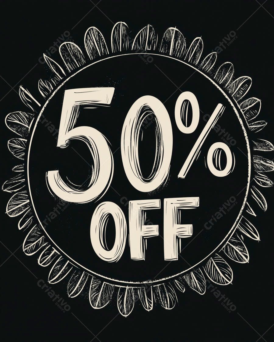 Desconto 50% oferta especial em quadro negro com design de giz e borda decorativa