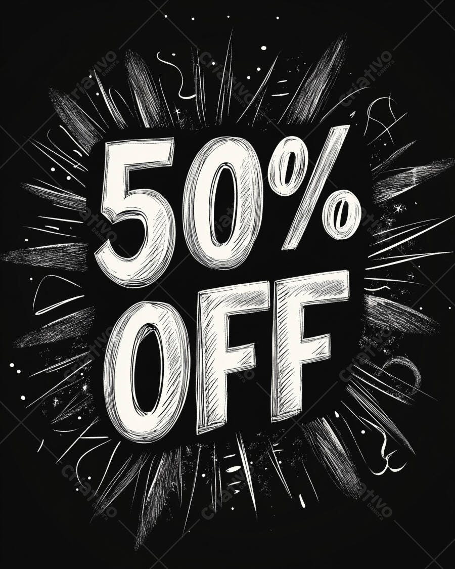 Desconto de 50% OFF em destaque ilustração grunge preta e branca