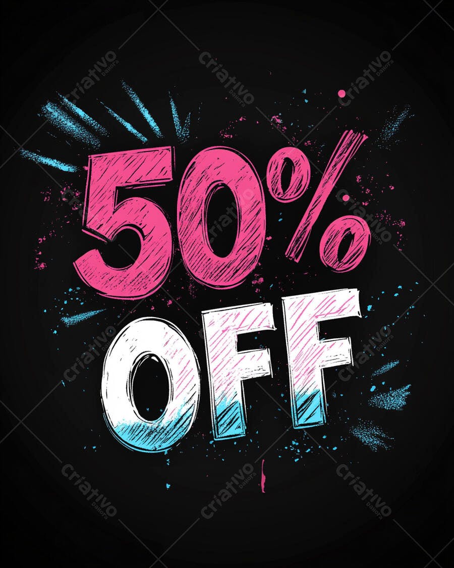 Desconto 50% OFF em estilo grafite rosa e azul com fundo preto