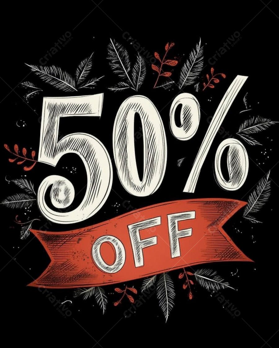 Banner 50% OFF vintage com folhas e fita vermelha para promoção