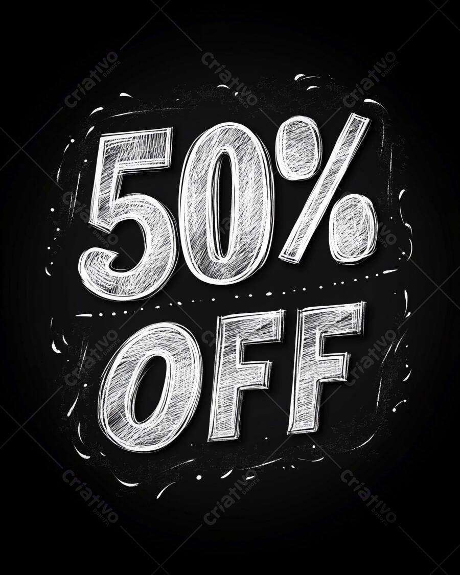 Placa 50% OFF estilo giz em fundo escuro para promoção