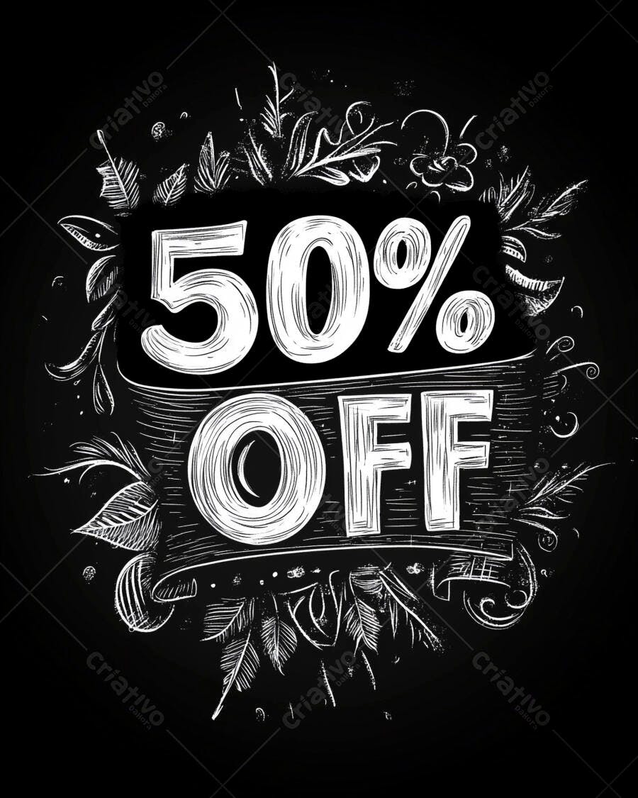Oferta 50% OFF lousa preta e branca com folhagens desenhadas à mão