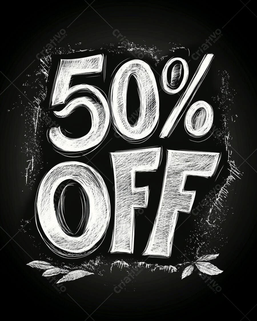 Anúncio de 50% OFF estilo lousa com borda rústica