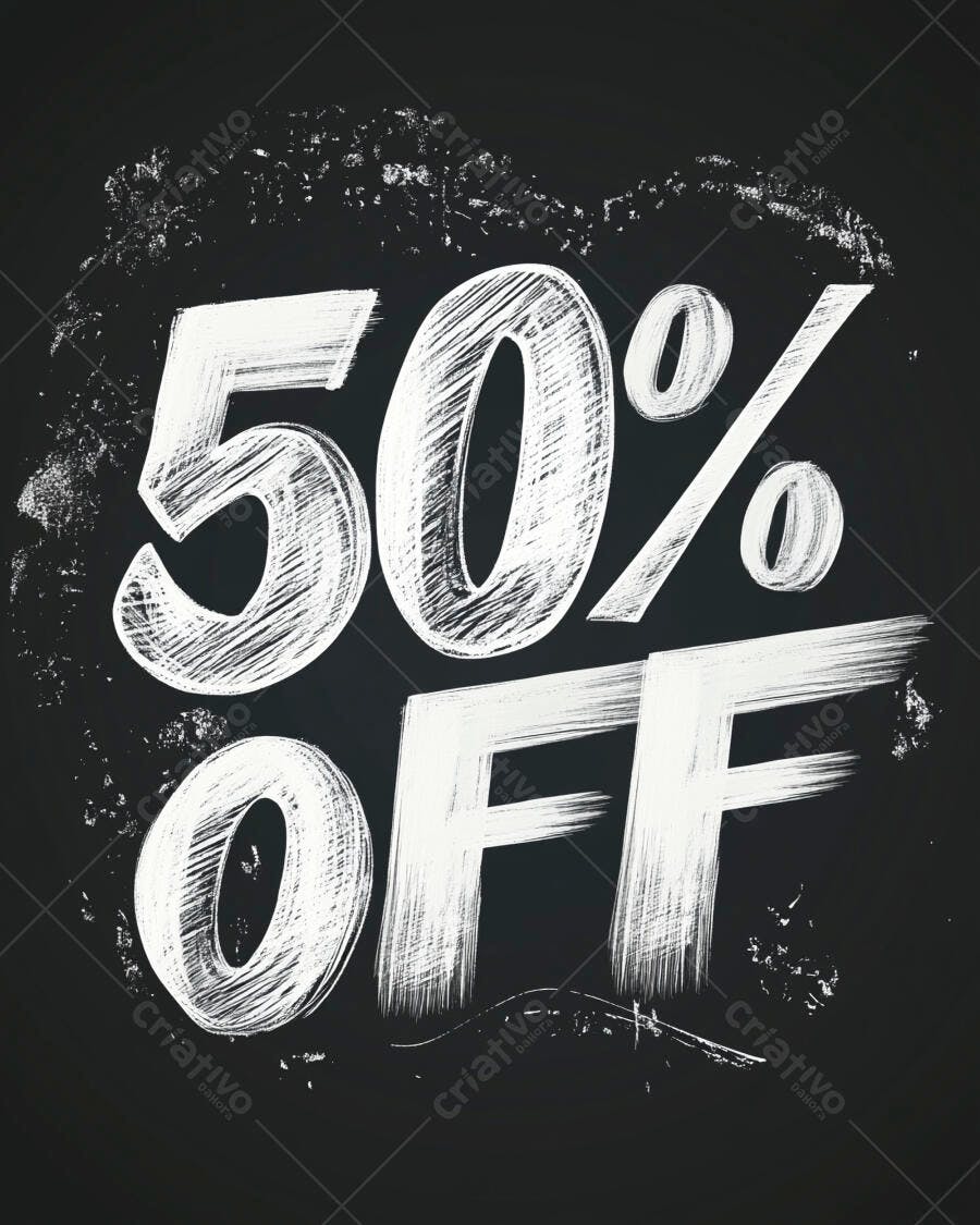 Promoção de 50% de desconto em estilo lousa com giz branco