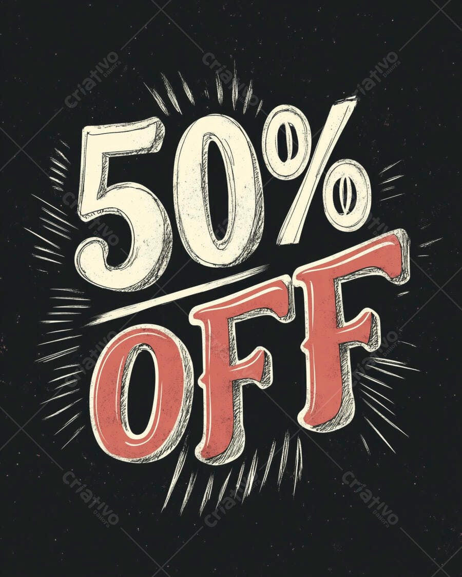 Desconto 50% OFF ilustração vintage de promoção em fundo escuro