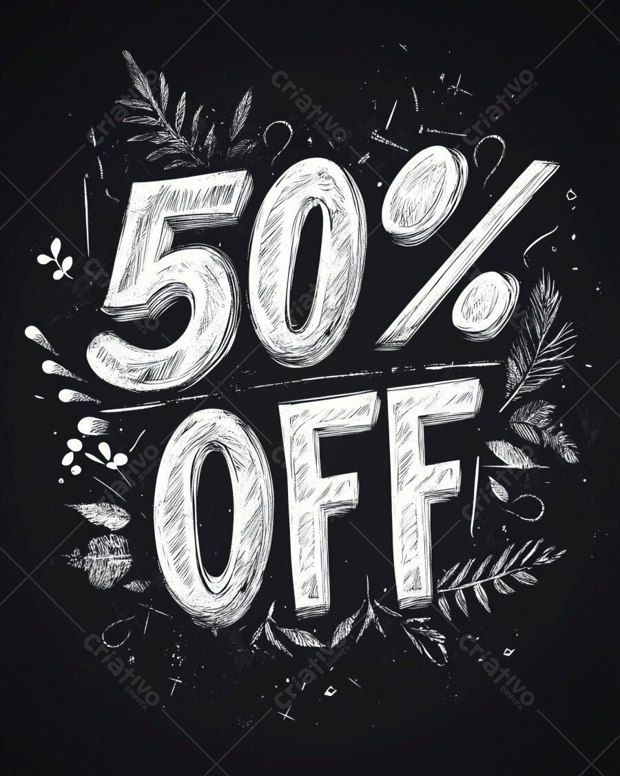 50% OFF promoção em lousa com efeito giz e folhas decorativas
