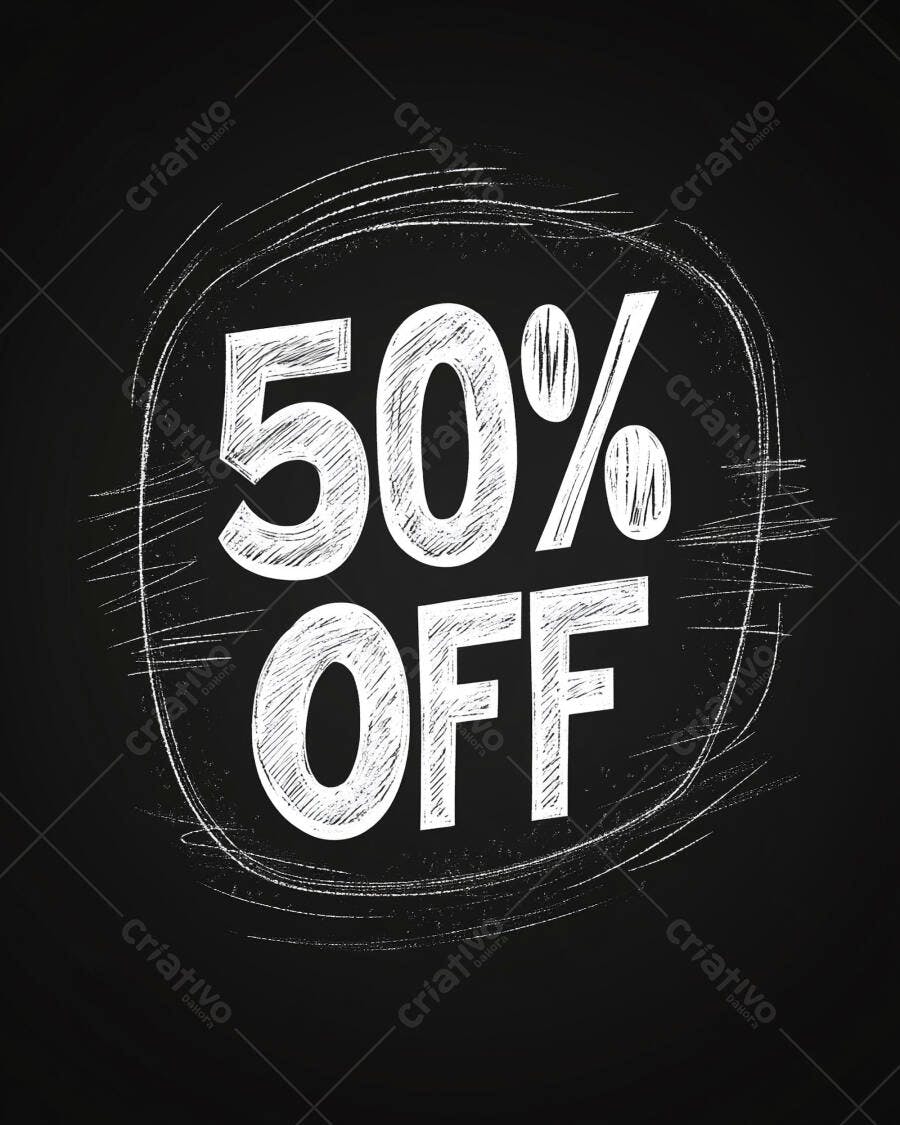 Desconto 50 por cento em estilo lousa e giz oferta especial em fundo preto