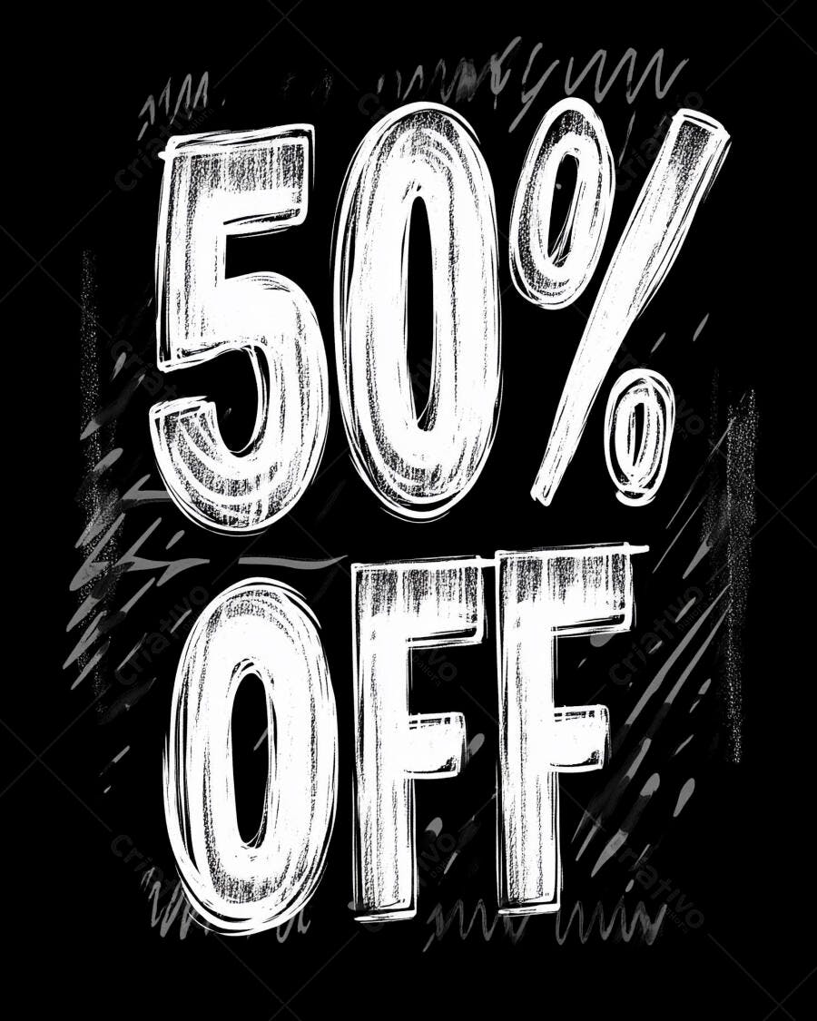 Texto 50% OFF promocional estilo rascunho branco e preto