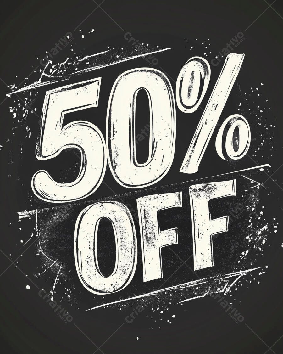 Desconto 50% OFF em estilo giz grunge no fundo preto