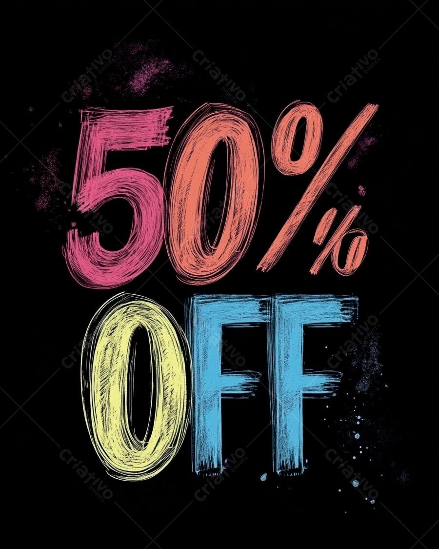 Desconto 50% OFF vibrante com pinceladas coloridas em fundo preto