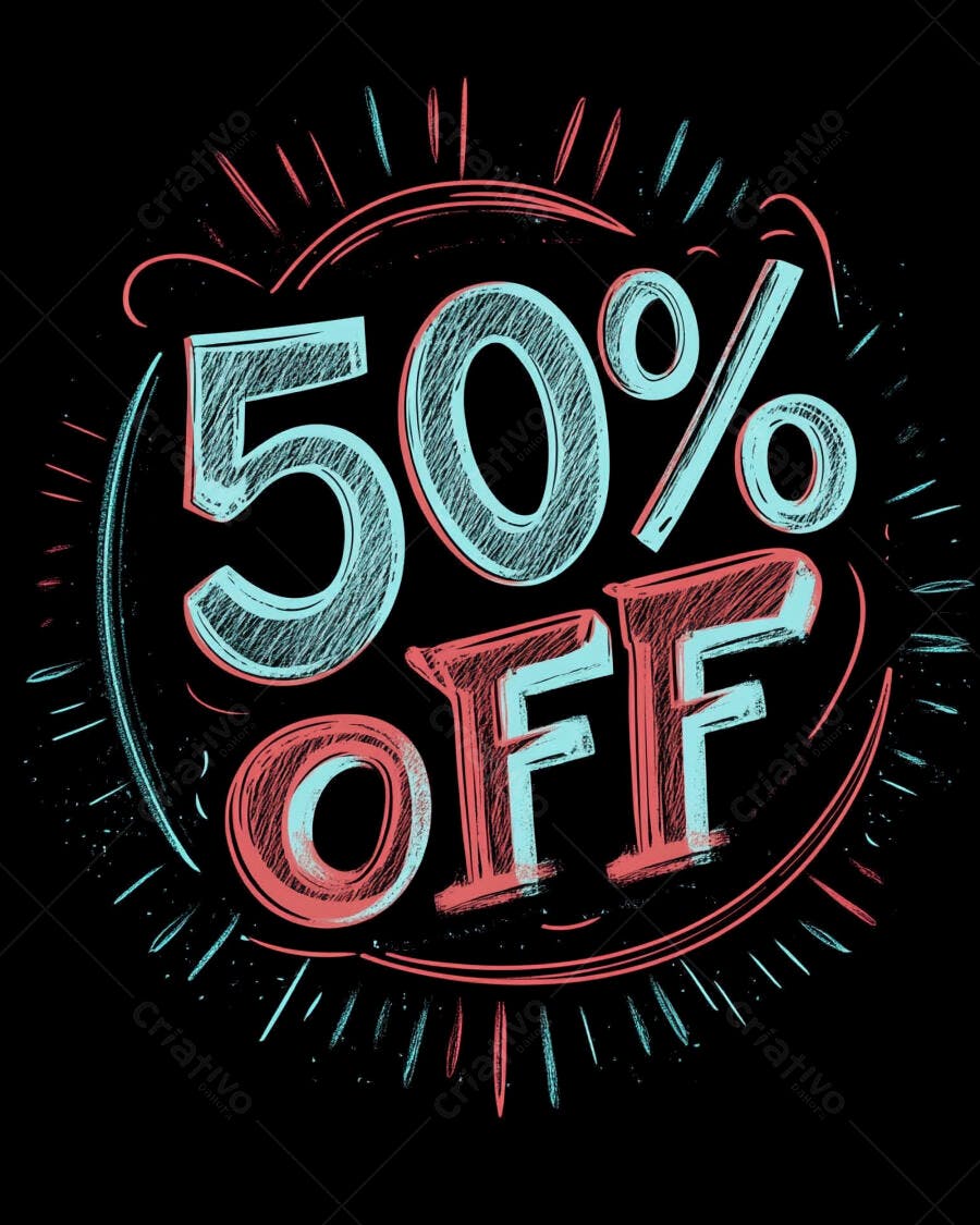 Desconto 50% OFF em letras azuis e coral estilo rascunho vibrante