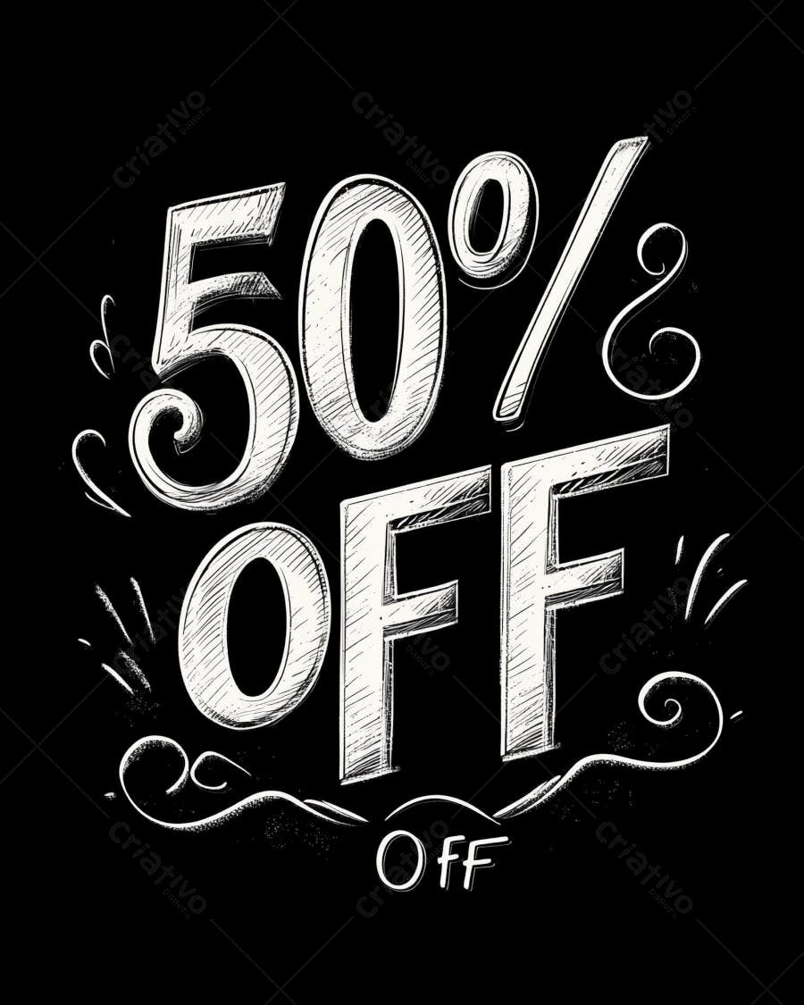Desconto de 50 por cento estilo giz em fundo preto promocao de vendas