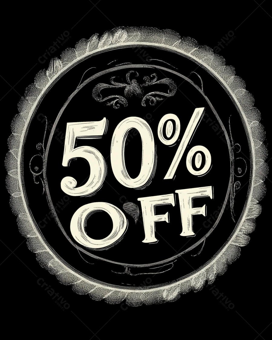 Selo 50% OFF vintage com borda decorada em preto e creme