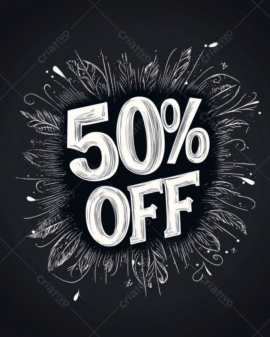 Desconto de 50% OFF em quadro negro com elementos desenhados à mão