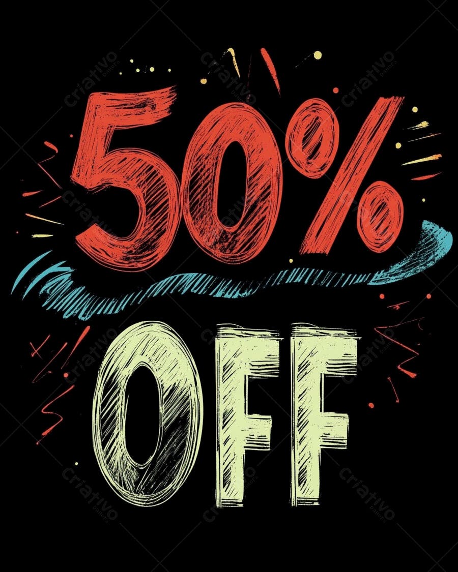 Desconto 50% OFF design gráfico estilo giz para promoção de vendas em preto