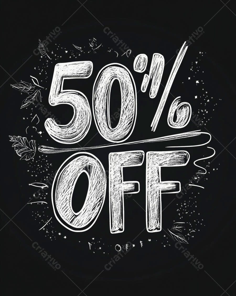 Texto 50% OFF em estilo lousa e giz para promoção com decoração