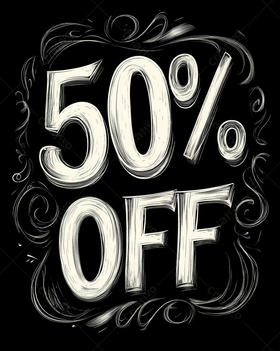 Desconto 50% OFF em estilo giz vintage sobre fundo preto