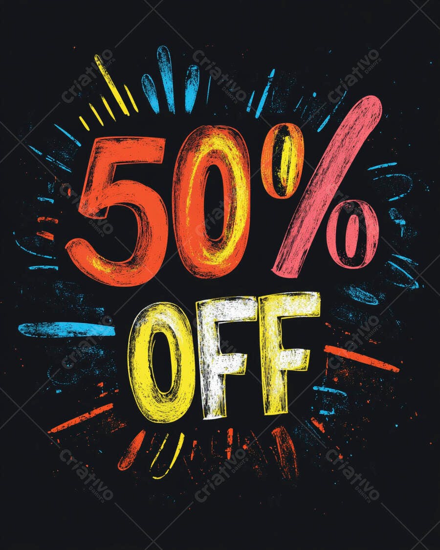 Desconto 50 OFF vibrante em estilo giz com fundo escuro