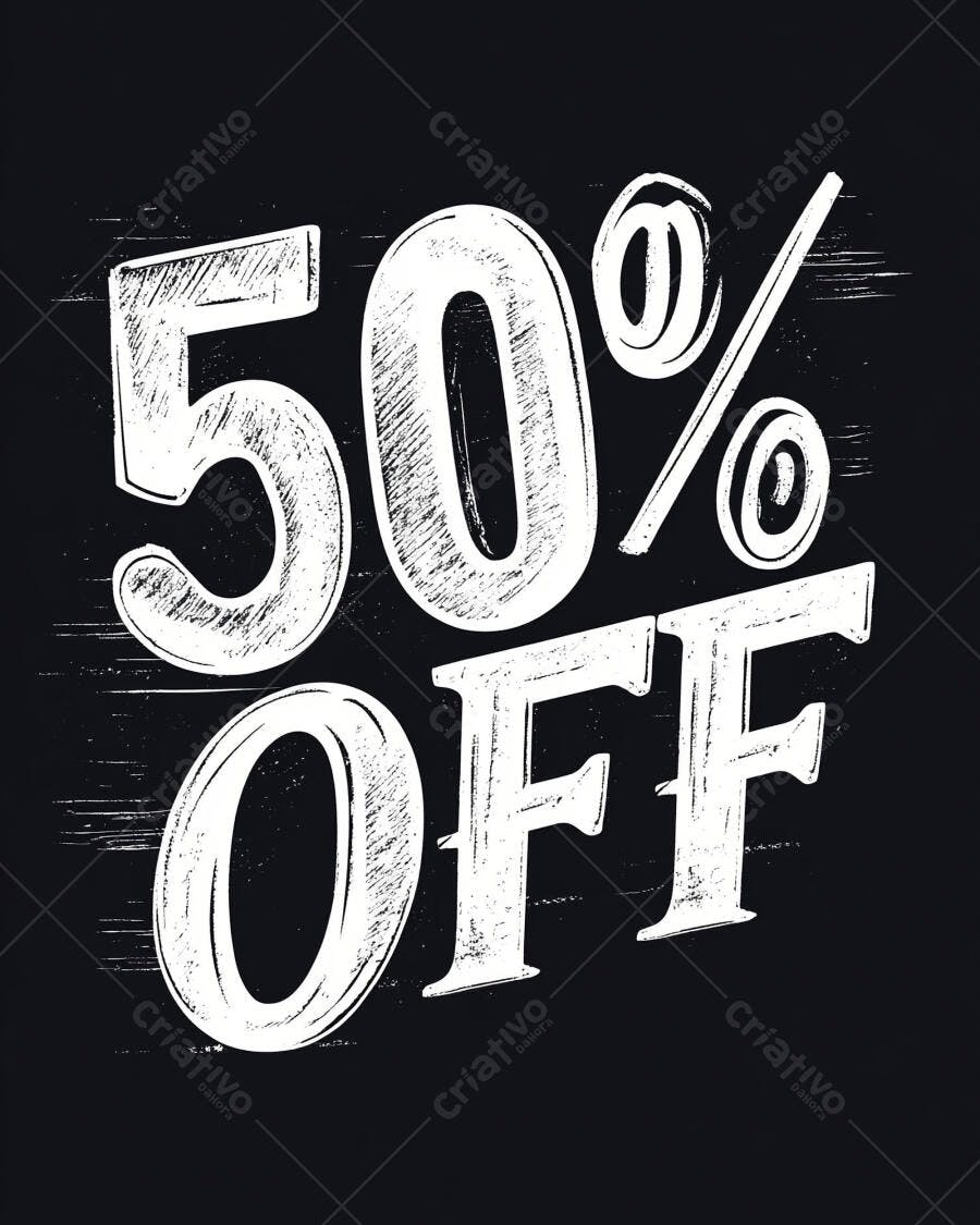 Desconto 50% OFF em texto branco grunge sobre fundo preto para promoção