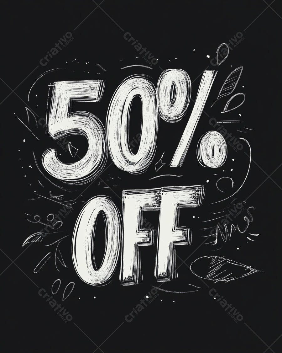 Desconto 50% estilo lousa rústica com tipografia desenhada à mão